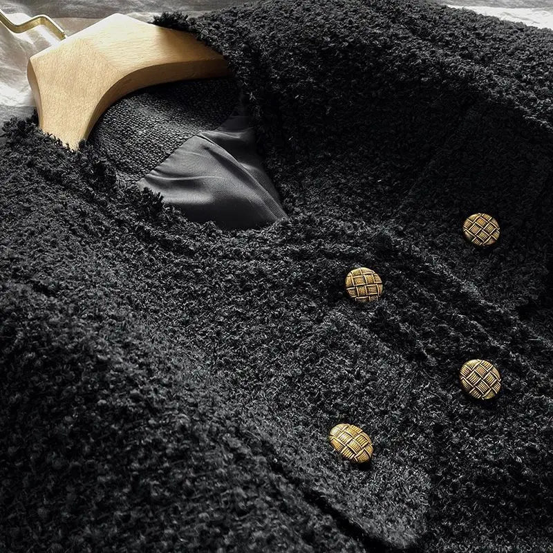 Elegant Socialite Blacktweed Cropped Jacket, 2024 New Spring Autumn Thin, Long Sleeve Crew Neck Top