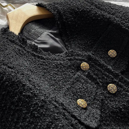 Elegant Socialite Blacktweed Cropped Jacket, 2024 New Spring Autumn Thin, Long Sleeve Crew Neck Top