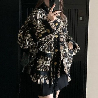 Chic Tweed Jacket, Women's Plaid Blazer with Tassel, Long Sleeve Streetwear and Office Coat for Spring Autumn