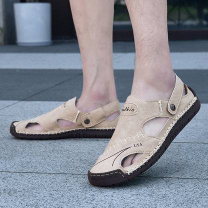 Mens Handmade Breathable Leather Summer Sandals, Outdoor Antiskid Hollow Beach Shoes for Stylish Comfort