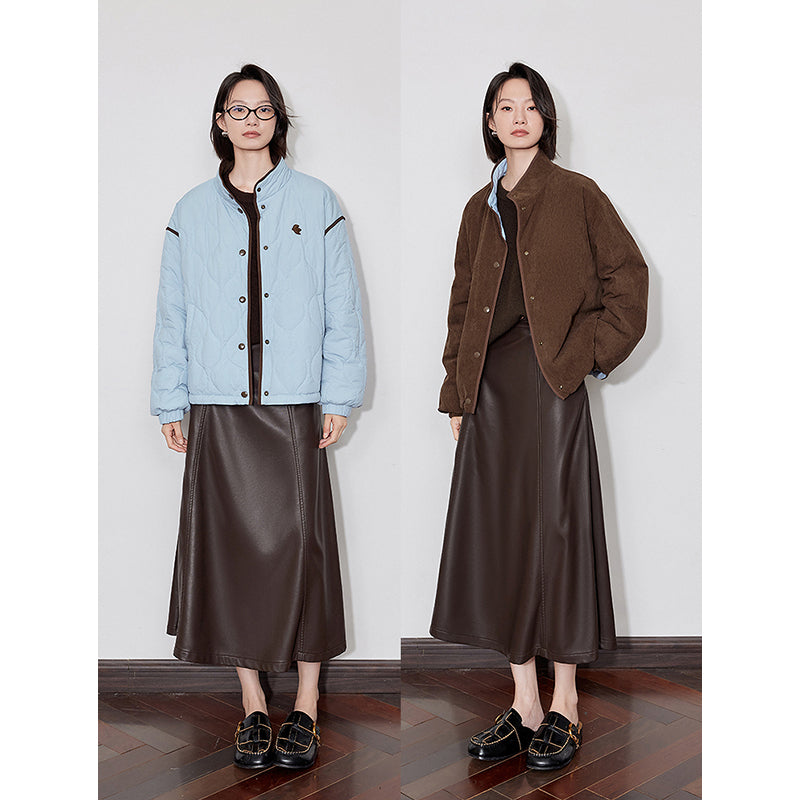 Elegant Womens Winter Coat Thick Cotton Long Sleeve Outwear Contrast Color Splicing Lapel Collar Ja 3