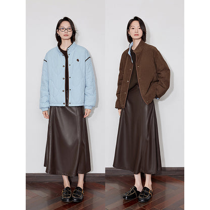 Elegant Womens Winter Coat Thick Cotton Long Sleeve Outwear Contrast Color Splicing Lapel Collar Ja 3