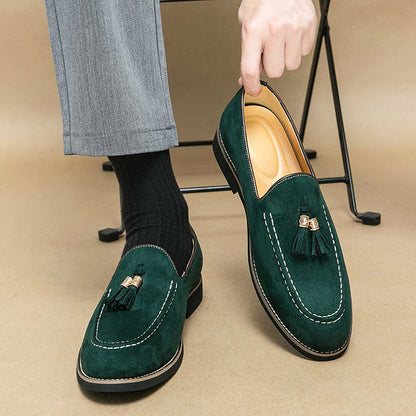 Luxury Tassel Leather Slip On Loafers For Men Round Toe Patchwork Suede Dress Shoes Fashion Formal  2