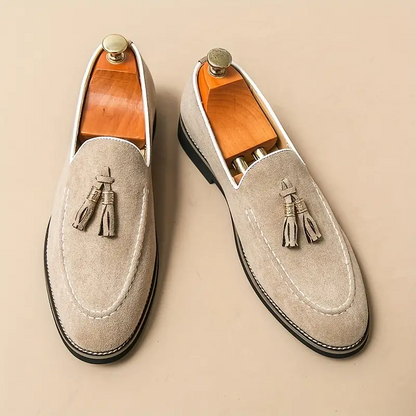 Luxury Tassel Leather Slip On Loafers For Men Round Toe Patchwork Suede Dress Shoes Fashion Formal  4