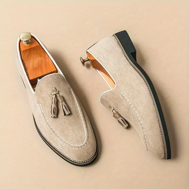 Luxury Tassel Leather Slip On Loafers For Men Round Toe Patchwork Suede Dress Shoes Fashion Formal  7