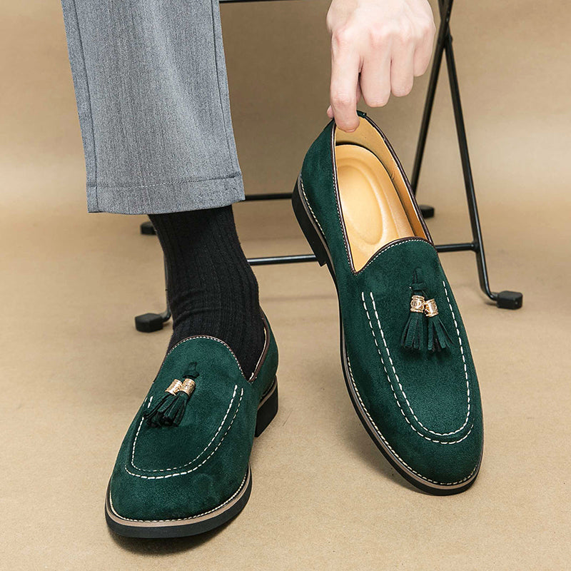 Luxury Tassel Leather Slip On Loafers For Men Round Toe Patchwork Suede Dress Shoes Fashion Formal  5