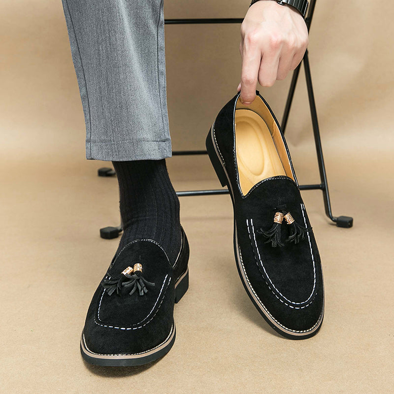 Luxury Tassel Leather Slip On Loafers For Men Round Toe Patchwork Suede Dress Shoes Fashion Formal  8