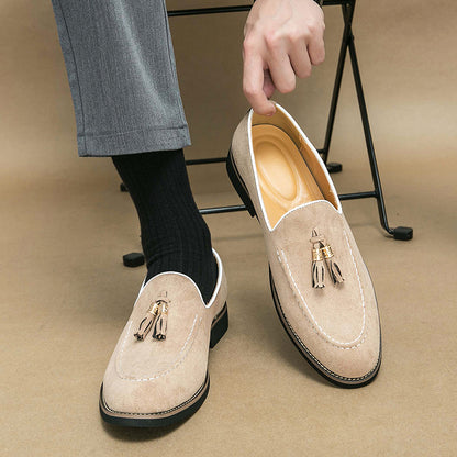 Luxury Tassel Leather Slip On Loafers For Men Round Toe Patchwork Suede Dress Shoes Fashion Formal  9