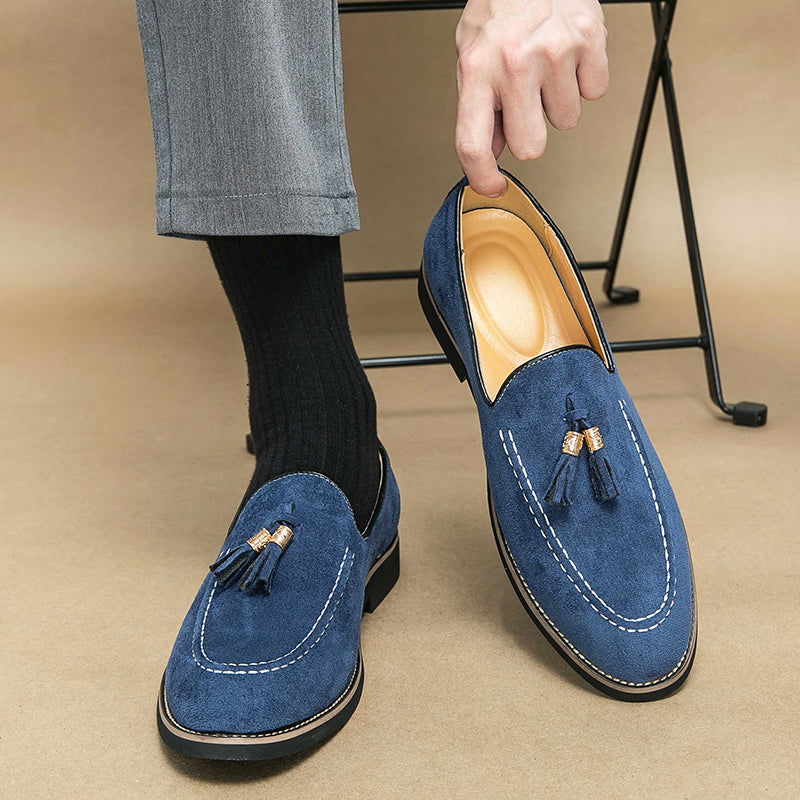 Luxury Tassel Leather Slip On Loafers For Men Round Toe Patchwork Suede Dress Shoes Fashion Formal  6