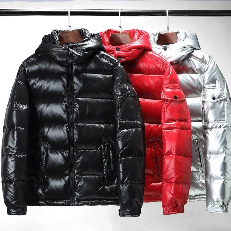 Mens Winter Parka Coat, Thicken Glossy Black Jacket, Fashion Solid Color Warm Parkas for Men