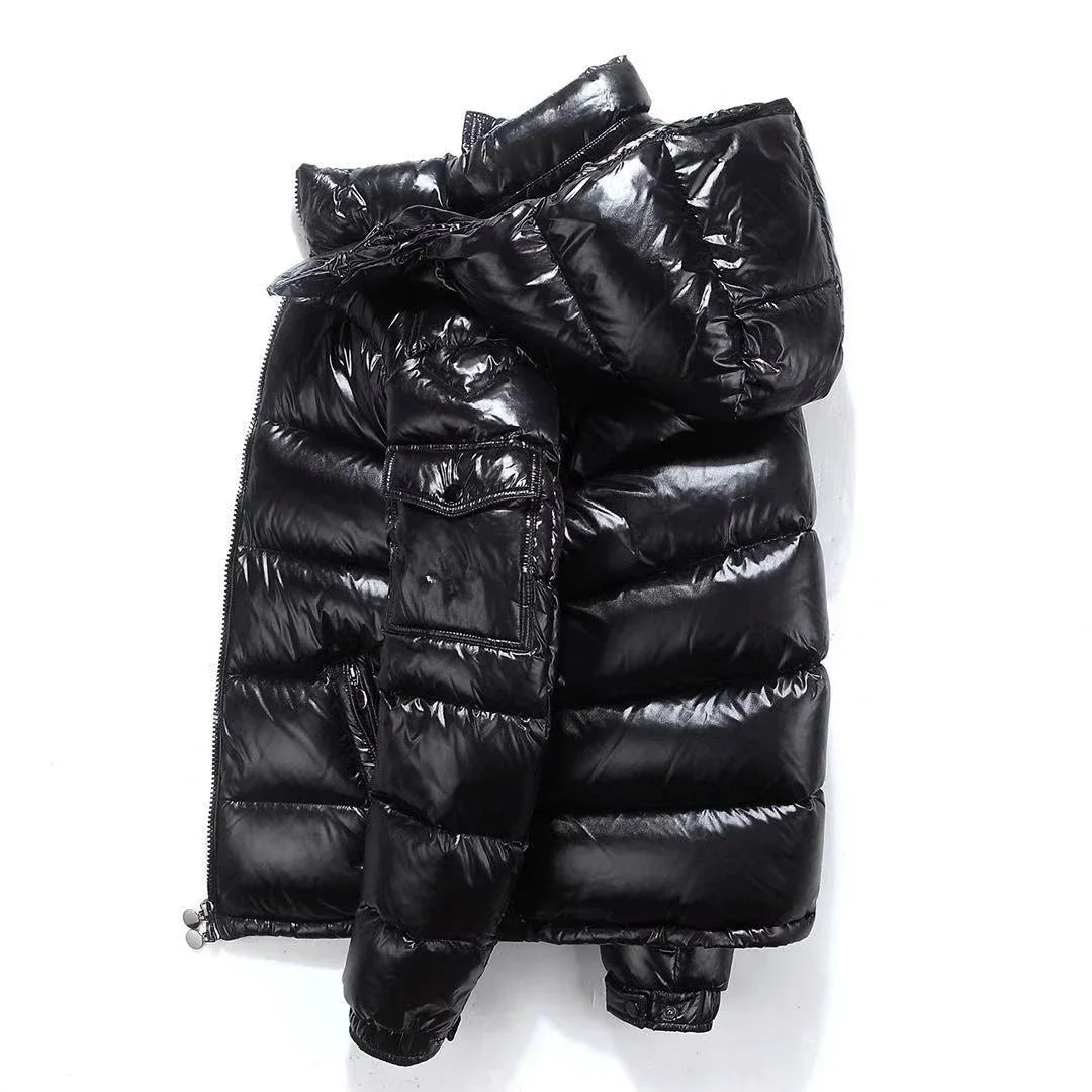 Mens Winter Parka Coat Thicken Glossy Black Jacket Fashion Solid Color Warm Parkas For Men 2