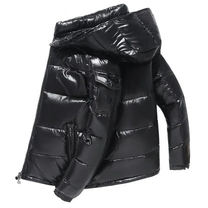 Mens Winter Parka Coat Thicken Glossy Black Jacket Fashion Solid Color Warm Parkas For Men 3