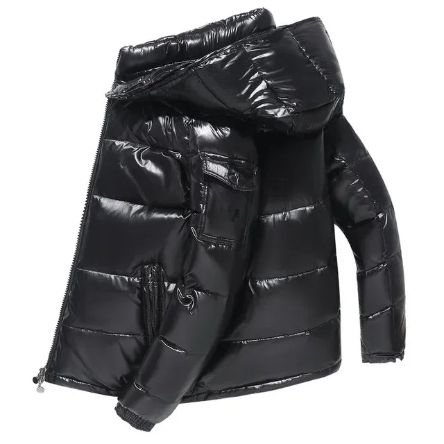 Mens Winter Parka Coat Thicken Glossy Black Jacket Fashion Solid Color Warm Parkas For Men 6