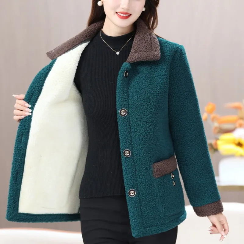 Velvet Thickened Warm Coat for Women, Luxurious Lamb Fur Style, Loose Fit Winter Jacket for Middle Aged Ladies, Winter