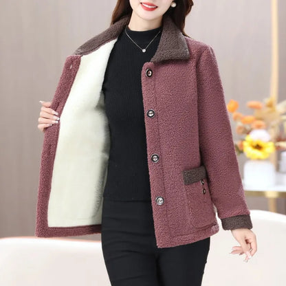Velvet Thickened Warm Coat for Women, Luxurious Lamb Fur Style, Loose Fit Winter Jacket for Middle Aged Ladies, Winter