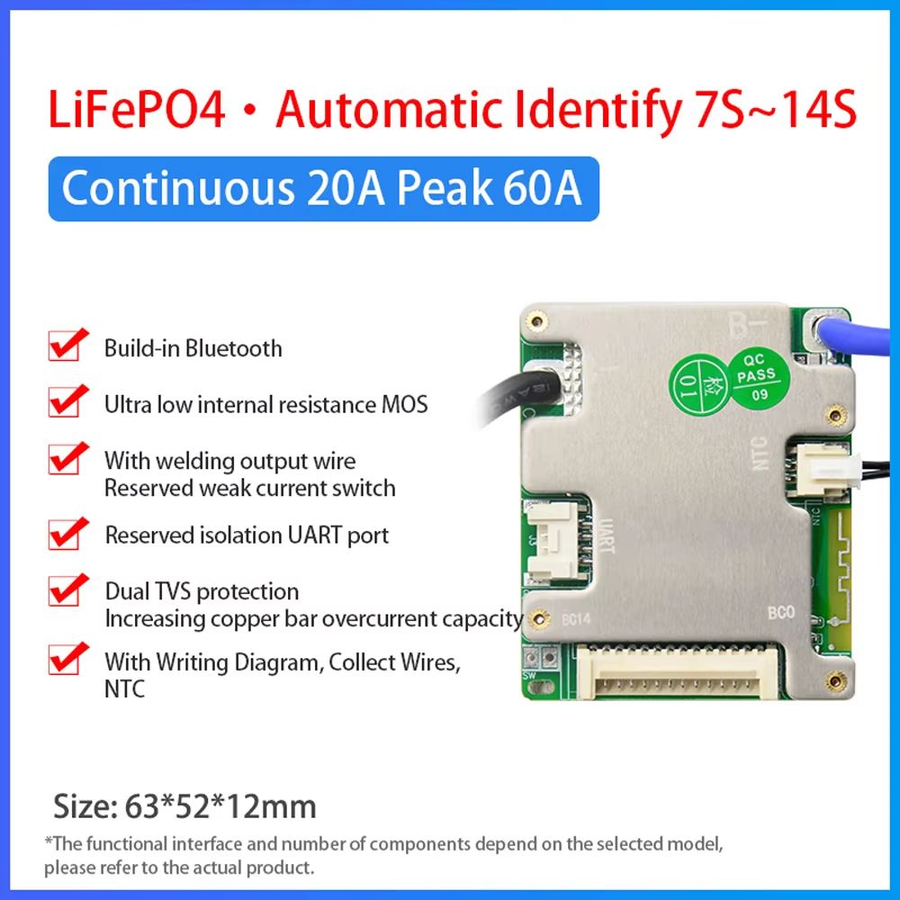 JiaBaiDa Smart Battery Management System 7S14S 20A30A  Intelligent BMS For 24V 36V 48V LFP  NMC Bat 7