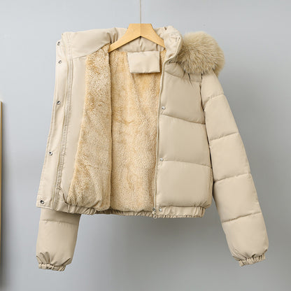 Women's Short Winter Parka, with Removable Fur Collar Hood, Thick Velvet Cotton Padding, Warm Jacket Outerwear Coat