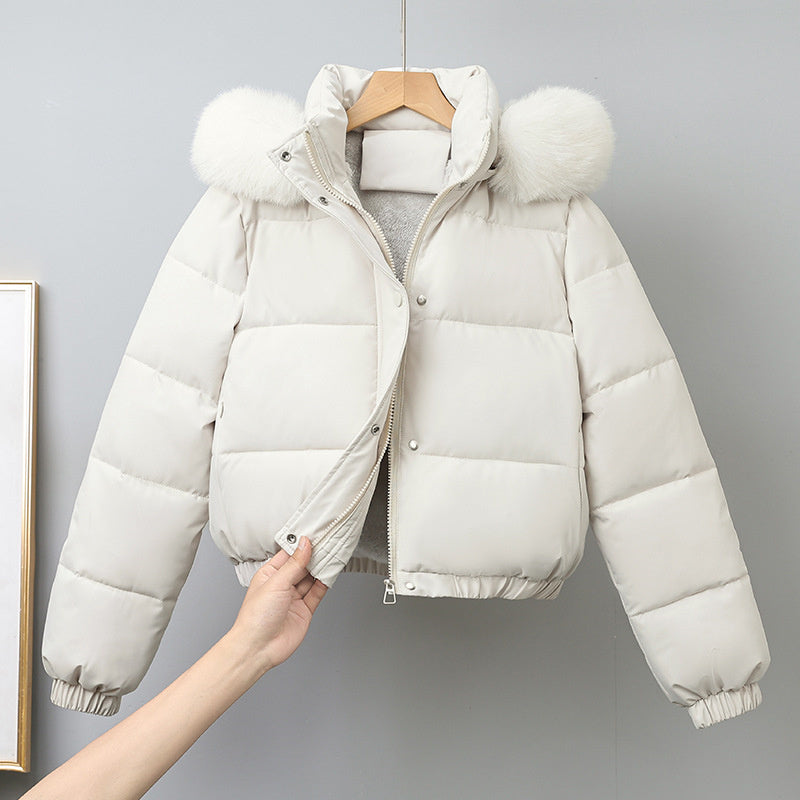 Women's Short Winter Parka, with Removable Fur Collar Hood, Thick Velvet Cotton Padding, Warm Jacket Outerwear Coat