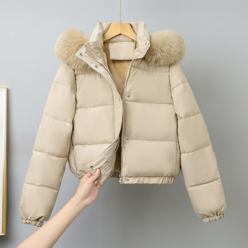 Women's Short Winter Parka, with Removable Fur Collar Hood, Thick Velvet Cotton Padding, Warm Jacket Outerwear Coat