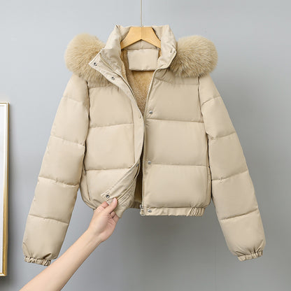 Women's Short Winter Parka, with Removable Fur Collar Hood, Thick Velvet Cotton Padding, Warm Jacket Outerwear Coat