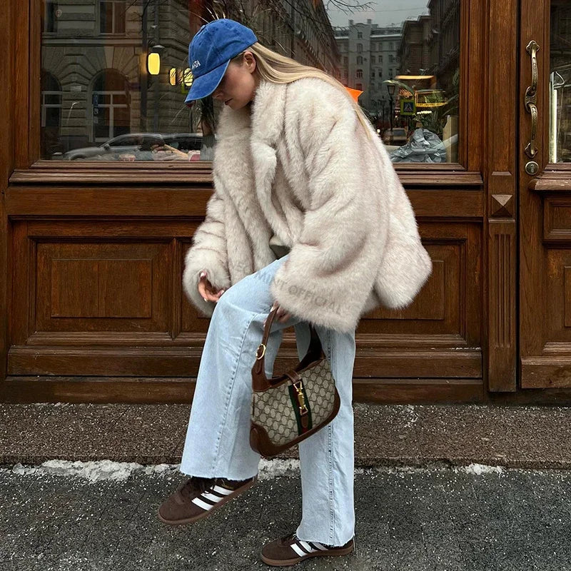 Gradient Fur Coat, Neo Mint Color, Thick Warm Winter Jacket, Faux Fox Fur Outerwear for Women