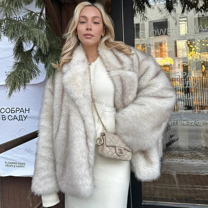 Gradient Fur Coat, Neo Mint Color, Thick Warm Winter Jacket, Faux Fox Fur Outerwear for Women