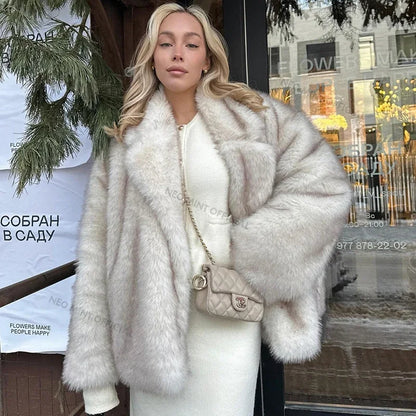 Gradient Fur Coat, Neo Mint Color, Thick Warm Winter Jacket, Faux Fox Fur Outerwear for Women