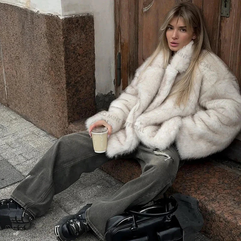 Gradient Fur Coat, Neo Mint Color, Thick Warm Winter Jacket, Faux Fox Fur Outerwear for Women