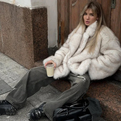 Gradient Fur Coat, Neo Mint Color, Thick Warm Winter Jacket, Faux Fox Fur Outerwear for Women