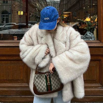 Gradient Fur Coat, Neo Mint Color, Thick Warm Winter Jacket, Faux Fox Fur Outerwear for Women