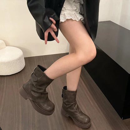 Fashion SlipOn Platform Women Western Cowgirl Boots Thick Heel Short Boots For Autumn Winter Trendy 3
