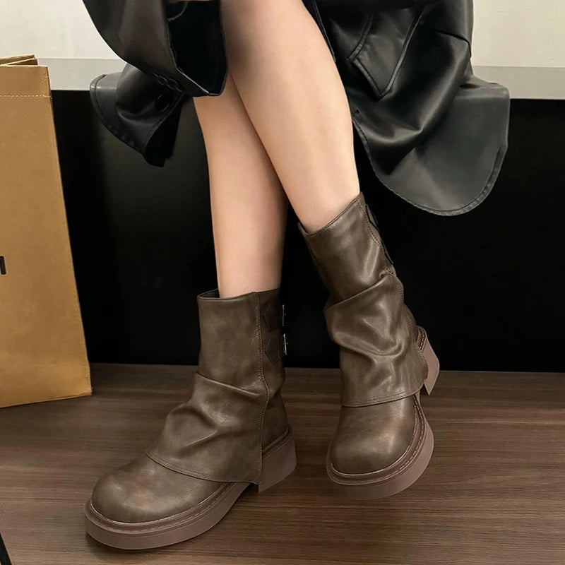 Fashion SlipOn Platform Women Western Cowgirl Boots Thick Heel Short Boots For Autumn Winter Trendy 4