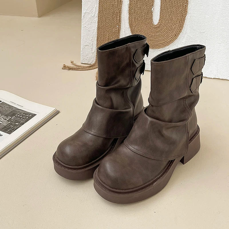 Fashion SlipOn Platform Women Western Cowgirl Boots Thick Heel Short Boots For Autumn Winter Trendy 5