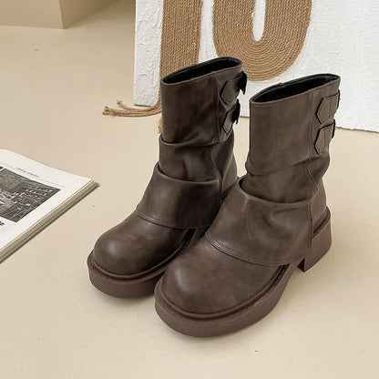 Fashion SlipOn Platform Women Western Cowgirl Boots Thick Heel Short Boots For Autumn Winter Trendy 5