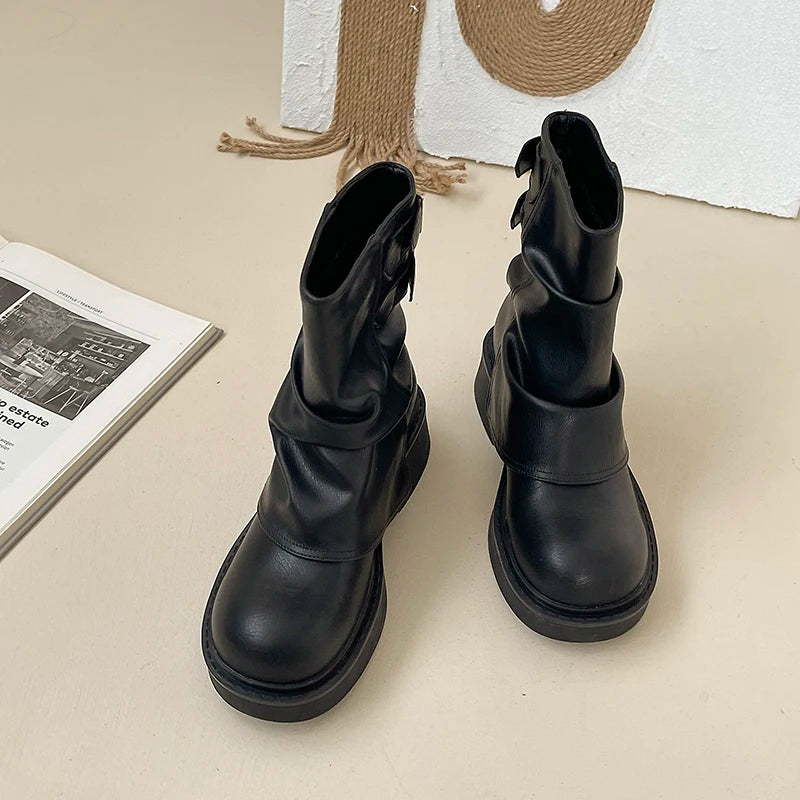 Fashion SlipOn Platform Women Western Cowgirl Boots Thick Heel Short Boots For Autumn Winter Trendy 6