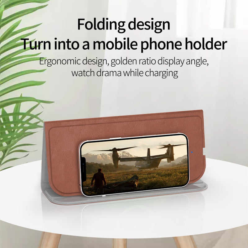 Wireless Charging Leather Mouse Pad, Three-Fold Design, Portable & Durable Multi-Device Charging Mat.