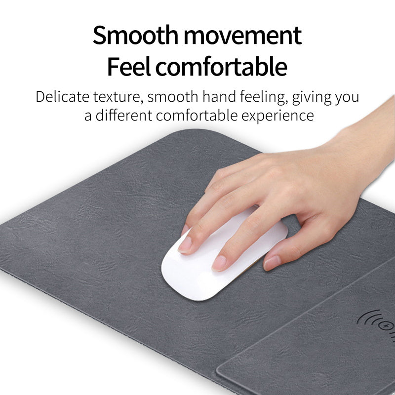Wireless Charging Leather Mouse Pad, Three-Fold Design, Portable & Durable Multi-Device Charging Mat.