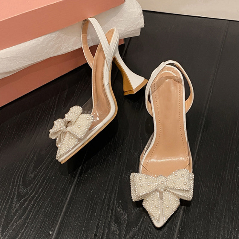 Elegant Liyke Fashion Design White Pearl Bowknot Women Pumps, Transparent PVC High Heels for Wedding, Party & Prom Night