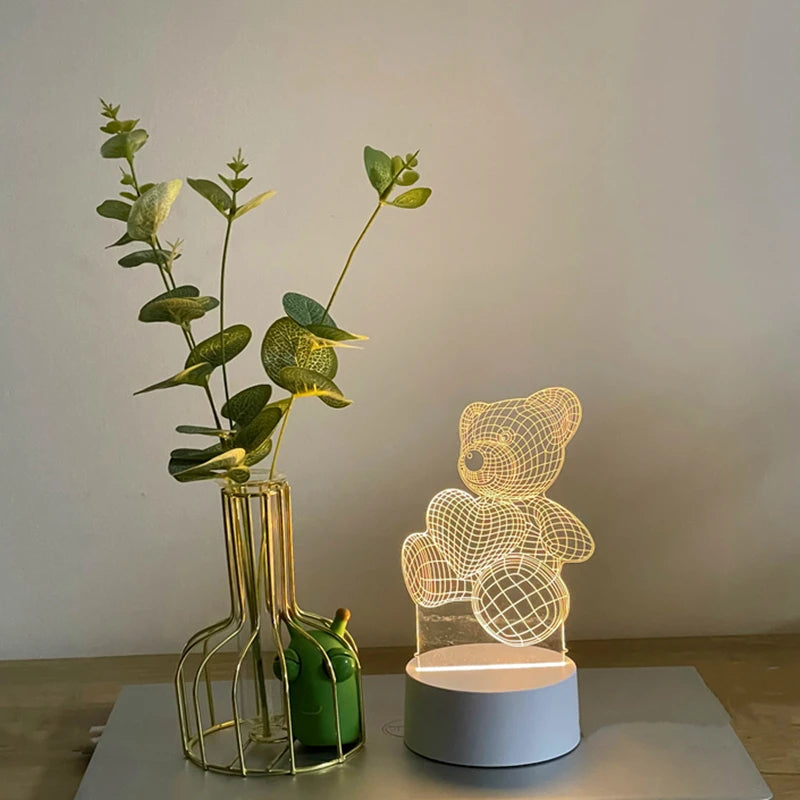Creative 3D Bear Lamp, USB LED Night Light for Bedroom, Christmas Decor, Birthday Gift, Home Acrylic Decoration