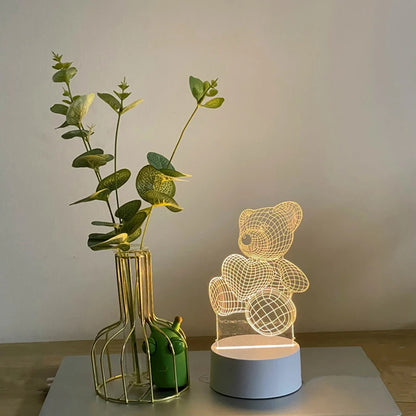 Creative 3D Bear Lamp, USB LED Night Light for Bedroom, Christmas Decor, Birthday Gift, Home Acrylic Decoration