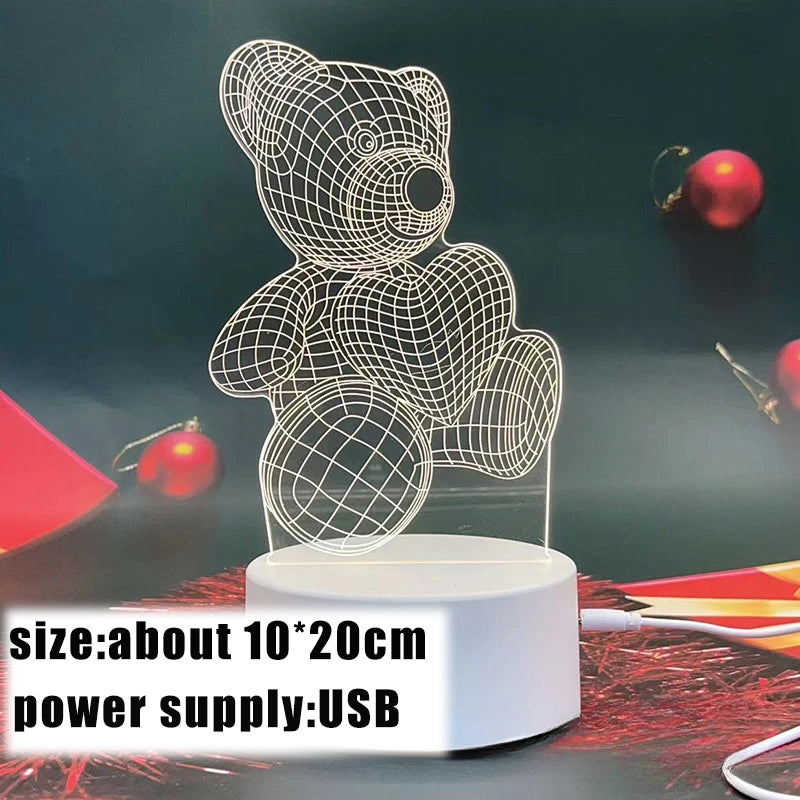 Creative 3D Bear Lamp, USB LED Night Light for Bedroom, Christmas Decor, Birthday Gift, Home Acrylic Decoration