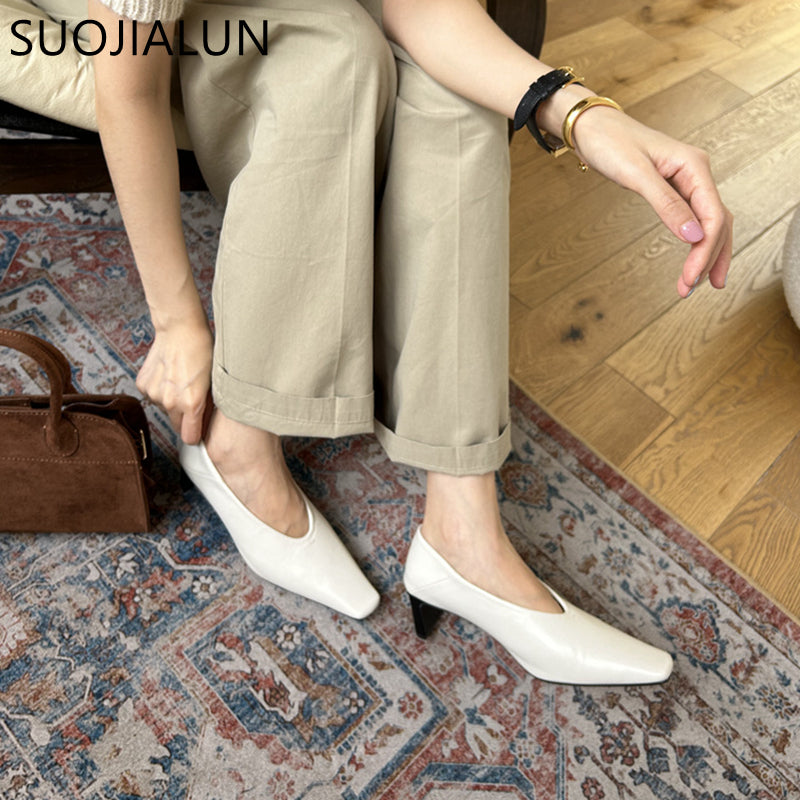 Elegant Autumn Women Pumps Shoes, Stylish Shallow Slip On Square High Heel Single Shoes for Ladies Dress and Office Out