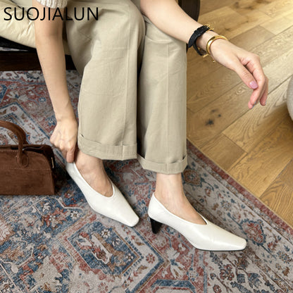 Elegant Autumn Women Pumps Shoes, Stylish Shallow Slip On Square High Heel Single Shoes for Ladies Dress and Office Out