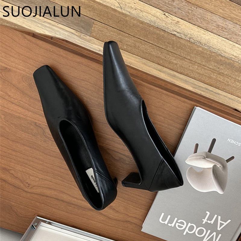 Elegant Autumn Women Pumps Shoes Stylish Shallow Slip On Square High Heel Single Shoes For Ladies D 3