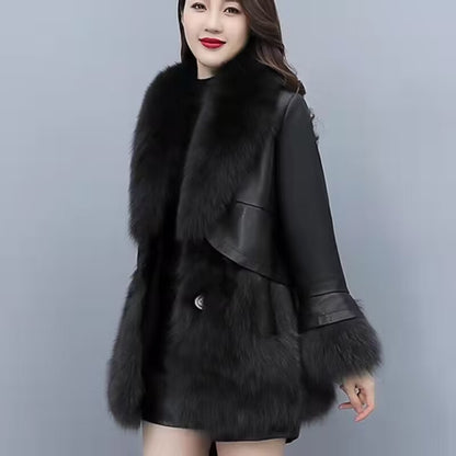 Women's Mid Long Faux Fur Jacket, Winter Warm Coat with PU Leather Splicing, Long Sleeve Thickened Outwear
