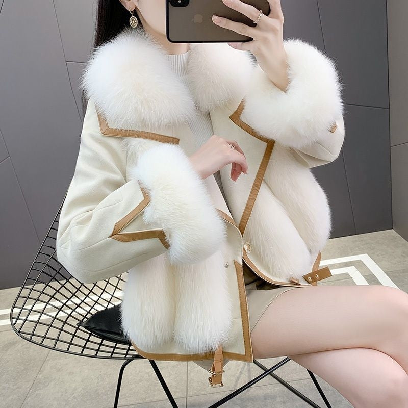 Women's Mid Long Faux Fur Jacket, Winter Warm Coat with PU Leather Splicing, Long Sleeve Thickened Outwear