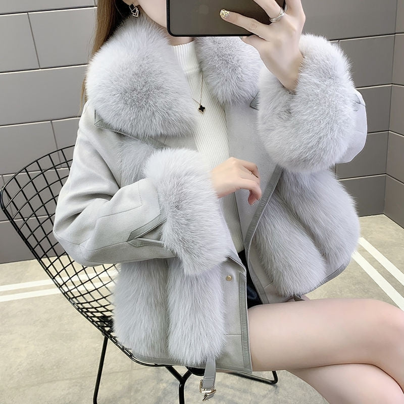 Women's Mid Long Faux Fur Jacket, Winter Warm Coat with PU Leather Splicing, Long Sleeve Thickened Outwear