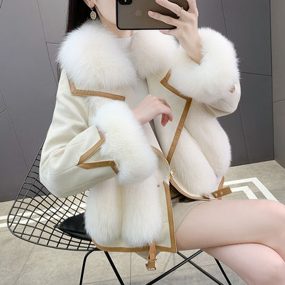Women's Mid Long Faux Fur Jacket, Winter Warm Coat with PU Leather Splicing, Long Sleeve Thickened Outwear