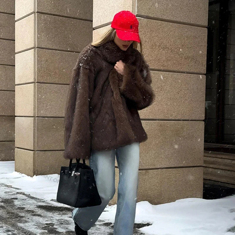 Luxury Winter Faux Fur Coat for Women, Fluffy Fox Fur Overcoat, Fashion Outerwear, Street Style Warm Jacket