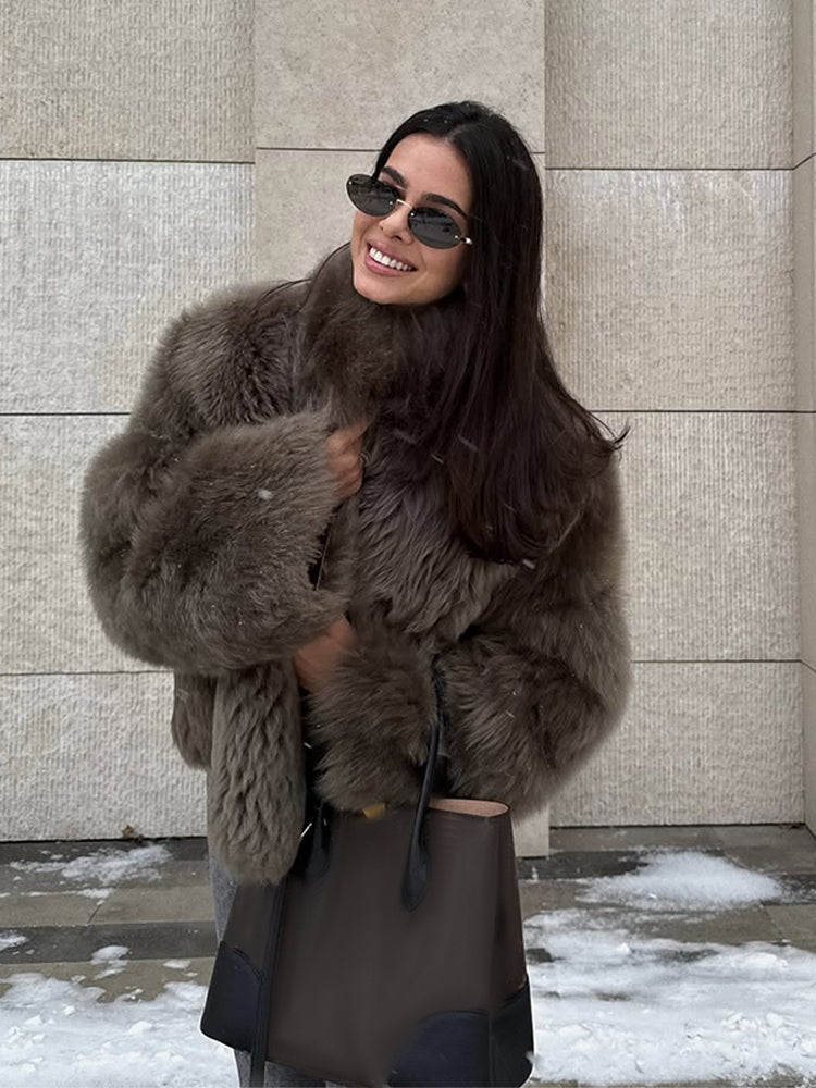 Elegant Womens Faux Fur Short Jacket, Stand Collar, Single Breasted Loose Coat, 2025 High Street Fashion